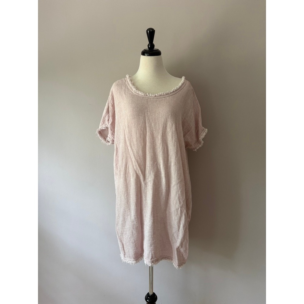 Made in Italy Cotton Linen Frayed Hem Tunic Dress pink purple Short Sleeve